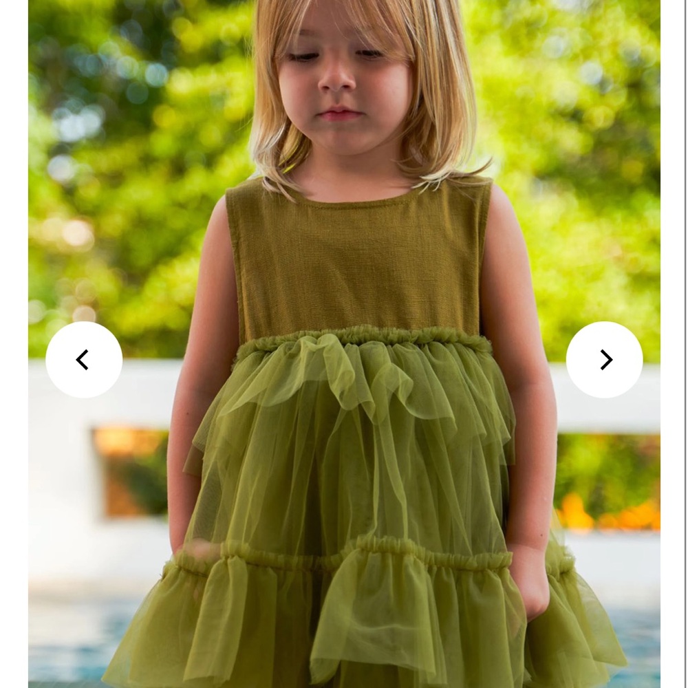 Girls Olive Green Tulle Tiered Casual Dress